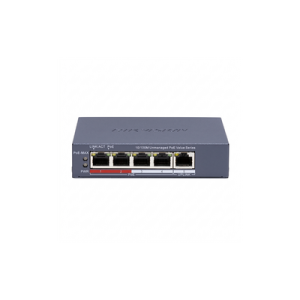 Switch PoE+ / Monitoreable / 4 Puertos 100 Mbps PoE+ / 1 Puerto 100 Mbps Uplink / Configuración Nube Hik-PartnerPro / Modo Extendido hasta 300 Metros / 38Watts