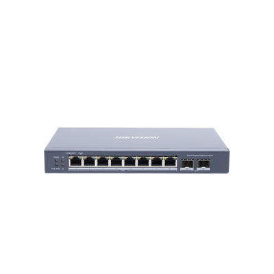 Switch Gigabit PoE+ / Administrable / 8 puertos 10/100/1000 Mbps PoE+ / 2 puertos SFP / configuración remota desde Hik-ProConnect / PoE hasta 250 metros / 110 W