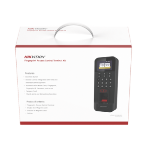 Kit de Control de Acceso TODO INCLUIDO con Lector de Huellas y Tarjetas compatible con App HIKConnect / Incluye Electroimán Botón de Salida y Montajes Z y L para imán (DS-K1T804)