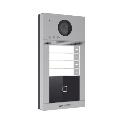 Videoportero IP (IP65 + IK08) con Llamada y apertura desde APP Hik-Connect / Soporta 4 Departamentos / PoE Estandar / Interfaz WEB para configuración / 2 puertas