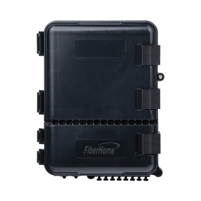Caja de Distribución de Fibra Óptica para 24 Empalmes, con 8 acopladores SC/APC simplex, Exterior IP55, Color Negro