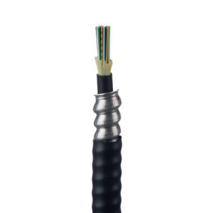 Cable 12 fibras, OM4, p/int. y ext., blindado, cám. impelente, 900um, reforzadas