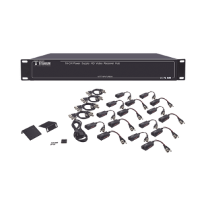 Kit de TRANSCEPTOR ACTIVO DE 16 Canales / VIDEO+PODER en un solo Cable UTP / 150m en 4K, 200m en 5 MP/ Envía 36 Vcc y recibe 12 Vcc / TODO INCLUIDO PARA RACK / Compatible con cámaras HD-TVI/CVI/AHD/CVBS / Instalación Limpia