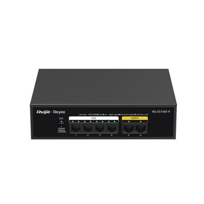 Switch PoE de 6 Puertos 10/100 Mbps, No Administrable, 54 W, Diseño de Alta Calidad, Visible en Ruijie Cloud