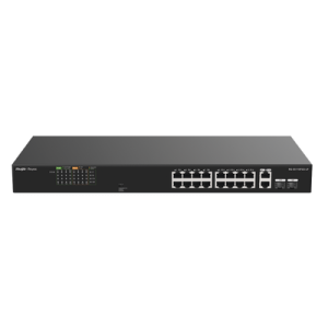 Switch PoE no administrable de 16 puertos 10/100 Mbps con 2 puertos Gigabit, visible en Ruijie Cloud, con un diseño de alta calidad y un presupuesto de PoE de 120 W