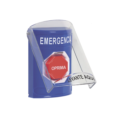 Botón de Emergencia en Español con Tapa Protectora de Policarbonato Súper Resistente, Restablecimiento con Llave y Sirena