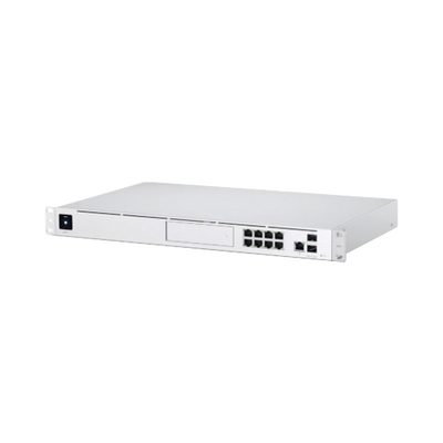 UniFi Dream Machine Pro, con un puerto 10G SFP+ WAN / 1 GbE WAN / 8 puertos 10/100/1000 Mbps RJ-45 LAN, y una bahía de HDD 3.5", integra todos los controladores UniFi