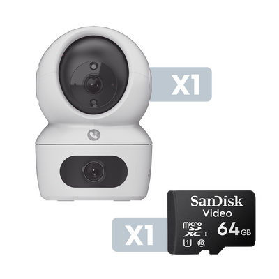 Kit Cámara PT Wifi 2K Dual / Aaudio de Dos Vías / Detección Humana / Visión a Color / Interior / Incluye Montaje para Pared / Incluye Memoria SD 64 GB SANDISK VIDEO