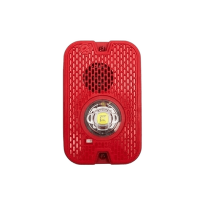 Sirena con Lámpara LED Estroboscópica para Exterior / a 2 Hilos / Montaje en Pared / 24 Vcd / Configuración Estroboscópica Seleccionable / Texto en Inglés / Color Rojo